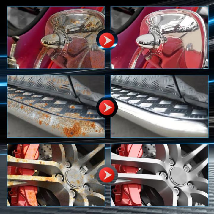 Rustfjerner til metal, flydende formel i hvid flaske, egnet til biler og værktøj, nem anvendelse.