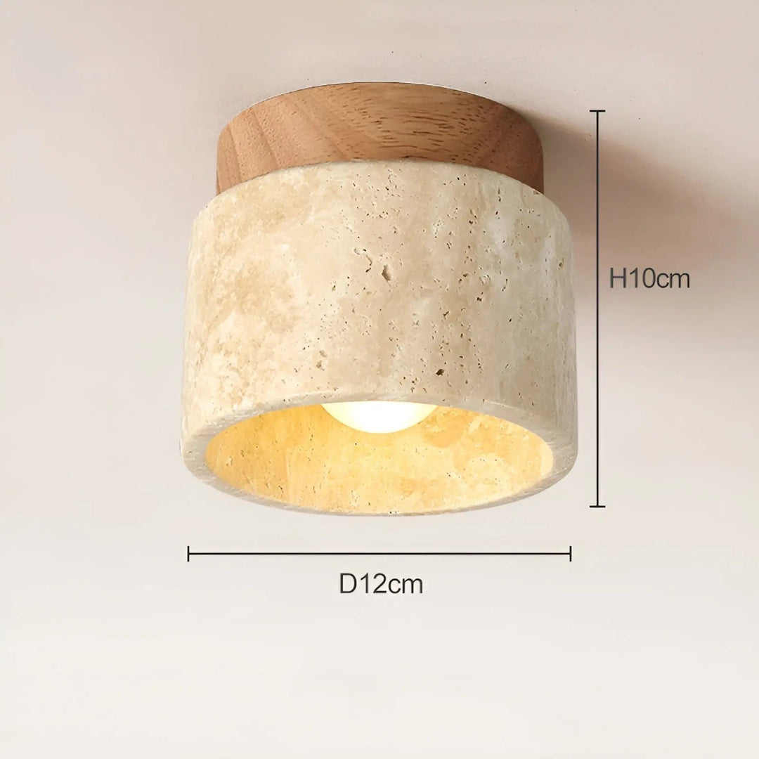 Rustik travertin-loftslampe af træ, minimalistisk Wabi-Sabi design, naturlig og elegant belysning.