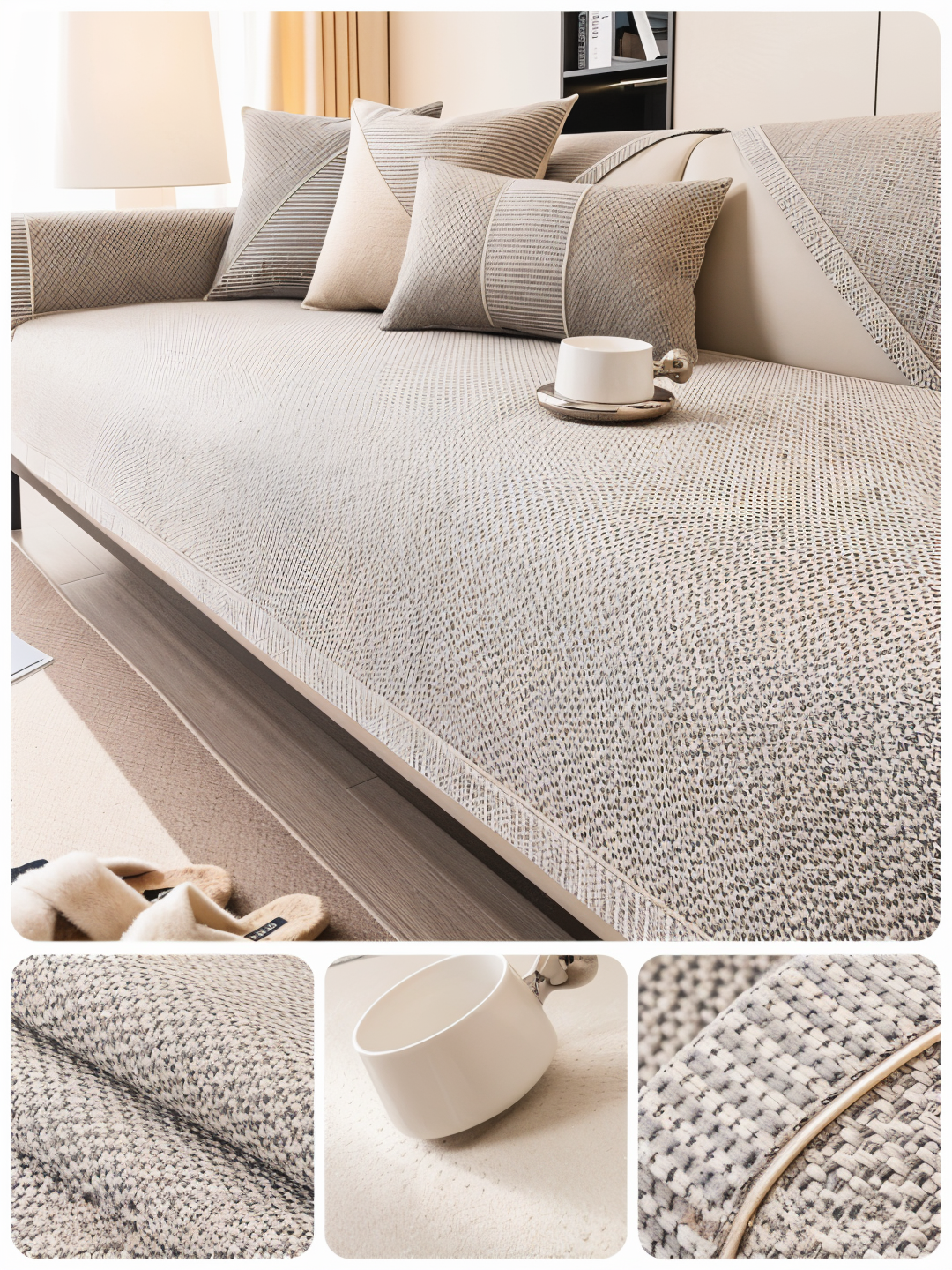 Forny din sofas udseende med et skridsikkert sofabetræk i lysegrå.