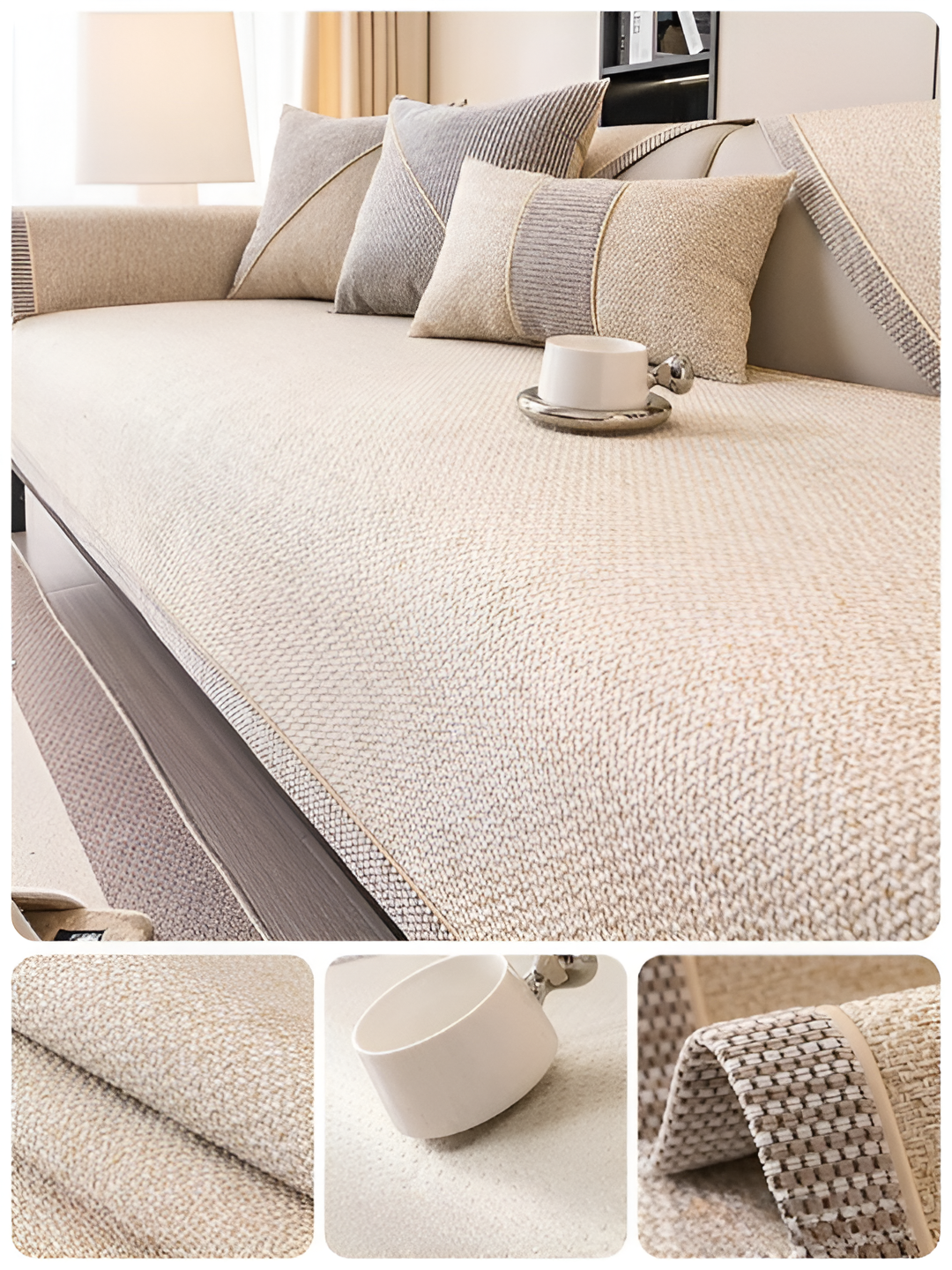 Holdbart lysegråt sofabetræk, der glider let på og holder sig fast.