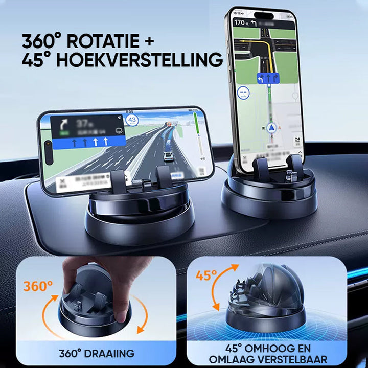 Sort 360° mobilholder til bil, fleksibel, sikker, med skridsikker base og universal kompatibilitet.