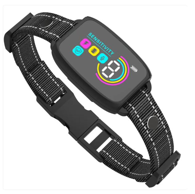 Sort hundetræningshalsbånd med 8 følsomhedsniveauer og stødtilstand til effektiv adfærdstræning.