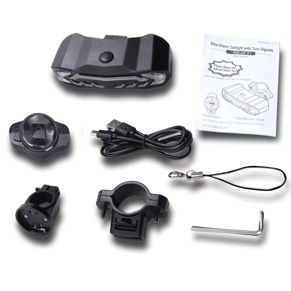 Sort baglygte med 31 LED og 6 tilstande monteret på cykelsadel, med integreret tyverialarm for øget sikkerhed.