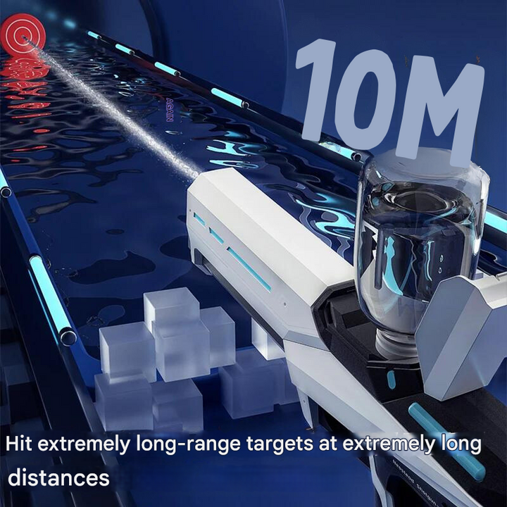 Sidebillede af den automatiske vandpistol med 1L tank og 10m rækkevidde, ideel til lange vandkampe.