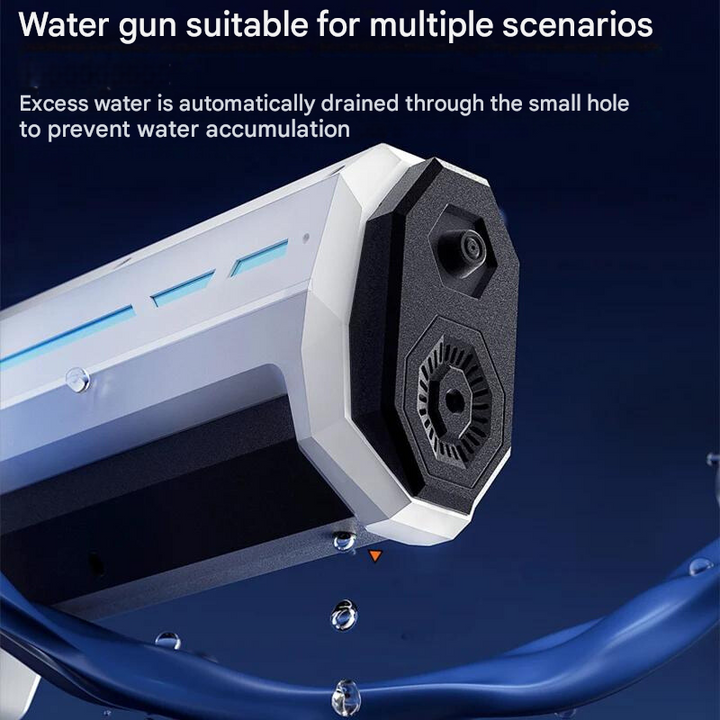 Sidebillede af den automatiske vandpistol med 1L tank og 10m rækkevidde, ideel til lange vandkampe.