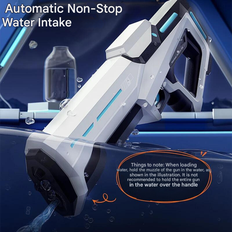 Sidebillede af den automatiske vandpistol med 1L tank og 10m rækkevidde, ideel til lange vandkampe.