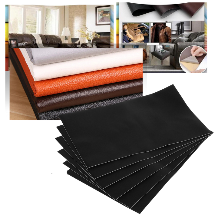 Selvklæbende læderlap, ideel til møbel- og tøjreparation, i sort, robust kunstlæder, nem at påføre.