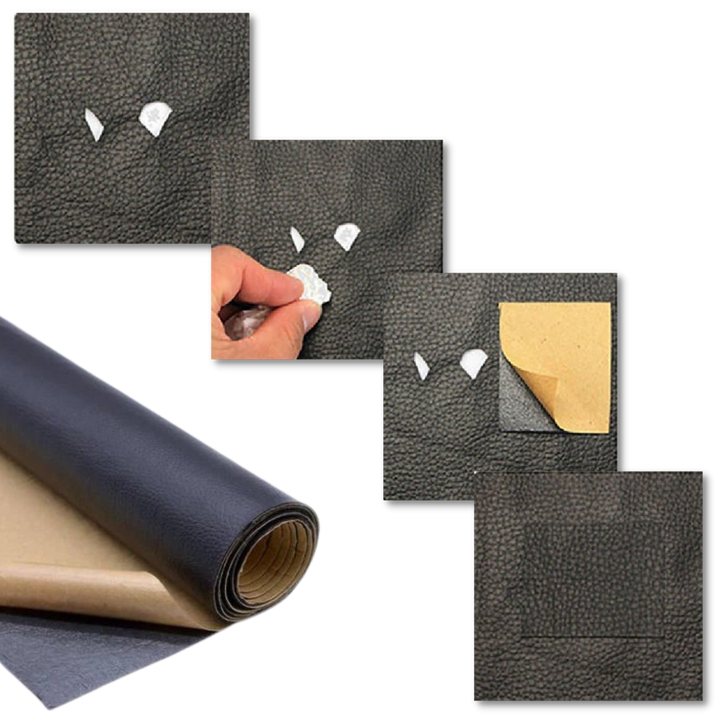 Selvklæbende læderlap, ideel til møbel- og tøjreparation, i sort, robust kunstlæder, nem at påføre.