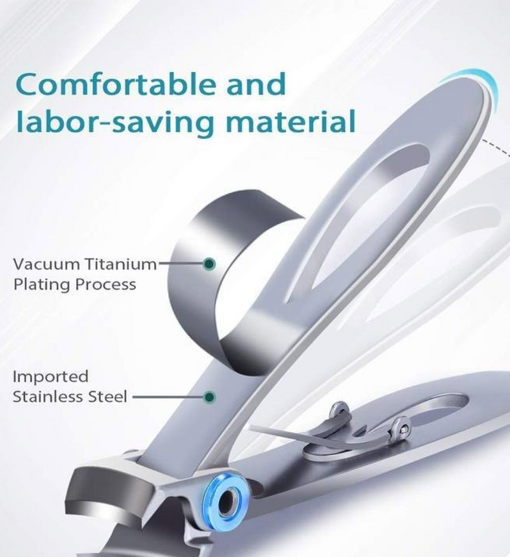 Sølvfarvet negleklipper i rustfrit stål med ergonomisk greb, ideel til tykke negle, giver præcis og ubesværet klipning.