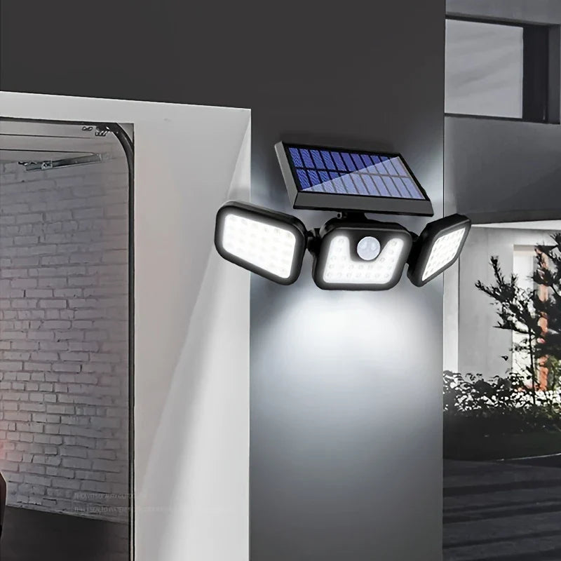 Solar LED-projektør med 3 lys, vejrbestandig, med bevægelsessensor, ideel til have, gårdsplads og garage, energibesparende