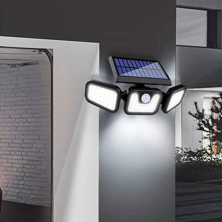 Solar LED-projektør med 3 lys, vejrbestandig, med bevægelsessensor, ideel til have, gårdsplads og garage, energibesparende