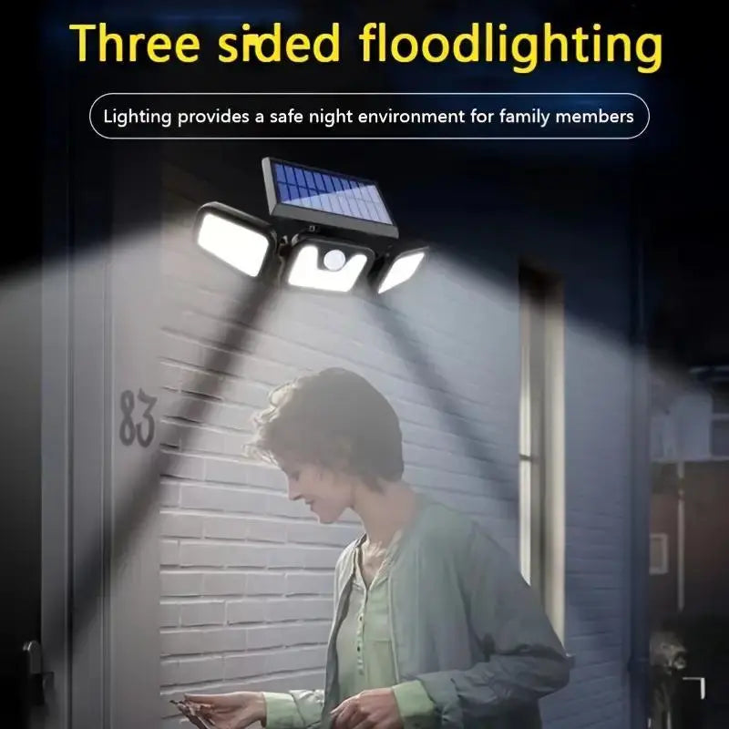 Solar LED-projektør med 3 lys, vejrbestandig, med bevægelsessensor, ideel til have, gårdsplads og garage, energibesparende