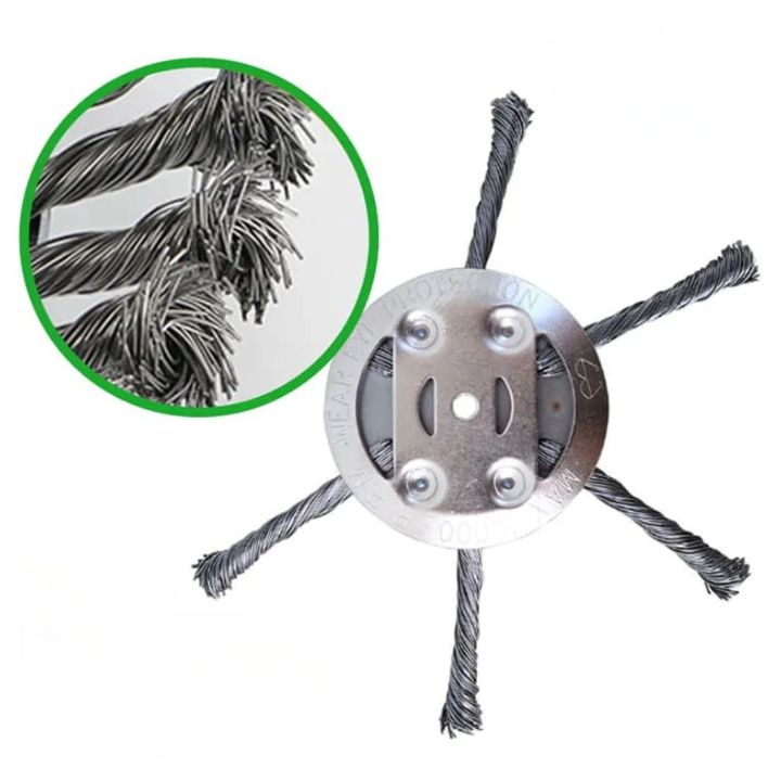 Stålbørste græstrimmerhoved med robuste børster til effektiv ukrudtsfjernelse, kompatibel med gængse trimmere.