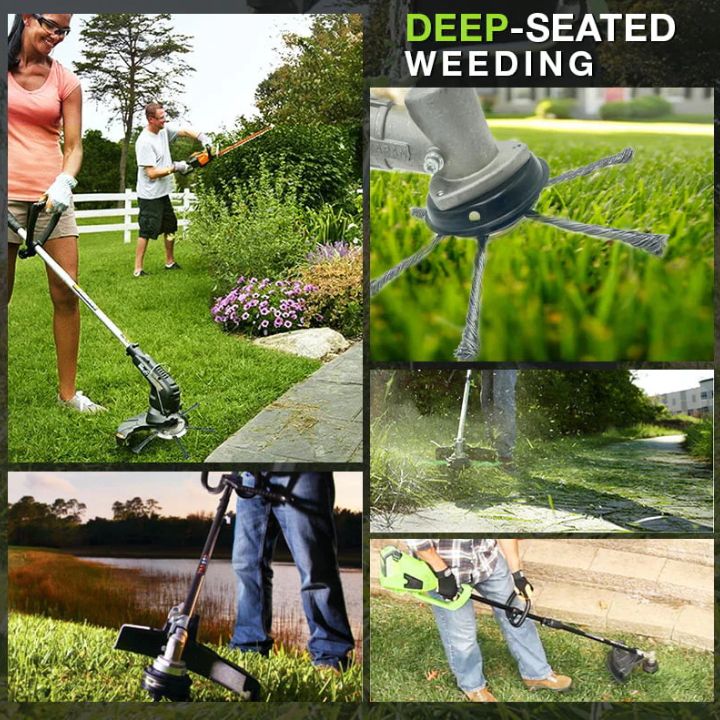 Stålbørste græstrimmerhoved med robuste børster til effektiv ukrudtsfjernelse, kompatibel med gængse trimmere.