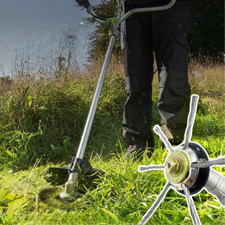 Stålbørste græstrimmerhoved med robuste børster til effektiv ukrudtsfjernelse, kompatibel med gængse trimmere.