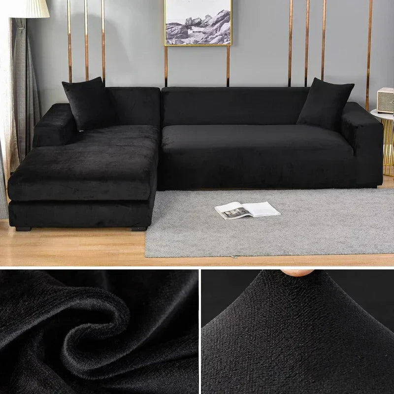Detailbillede, der viser hvordan det strækbare velour sofabetræk omslutter sofaen tæt og giver en glat finish.