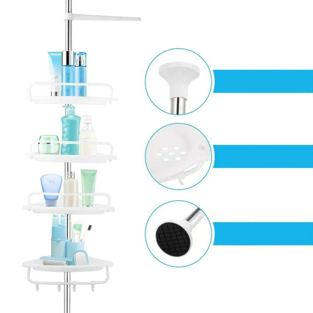 Teleskopisk brusehylde med 4 højdejusterbare hylder, ideel til bruseren, og tilbyder robust opbevaring uden at bore.