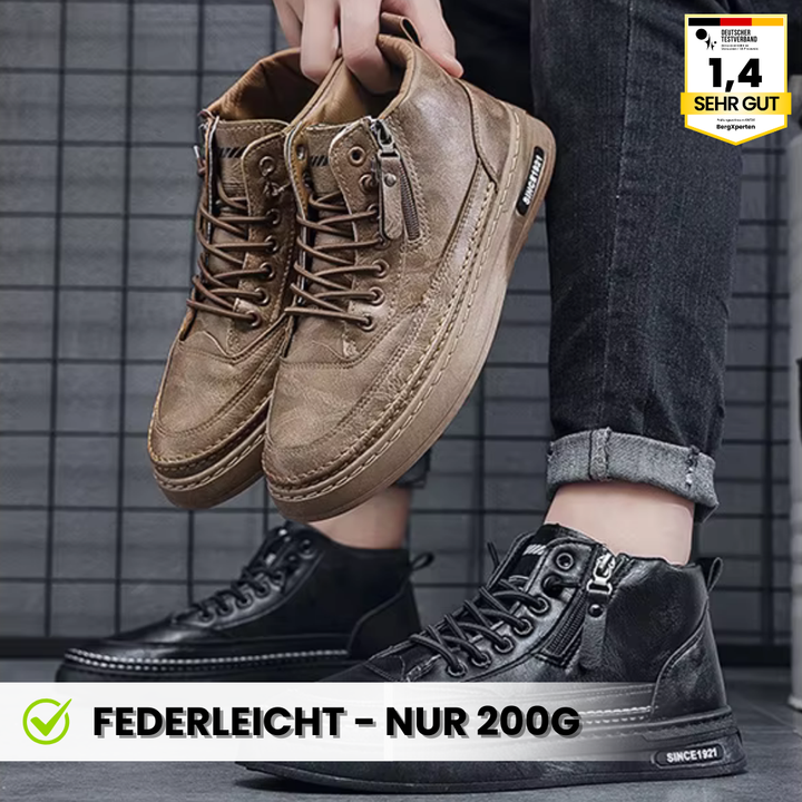 Model iført ArcticTrek Pro-sko udendørs i et vinterlandskab, der demonstrerer dens anvendelighed til koldt vejr.