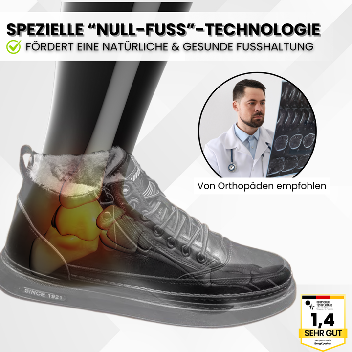 Detaljevandring af ArcticTrek Pro-skoens syninger og materialer, der understreger høj kvalitet og holdbarhed.