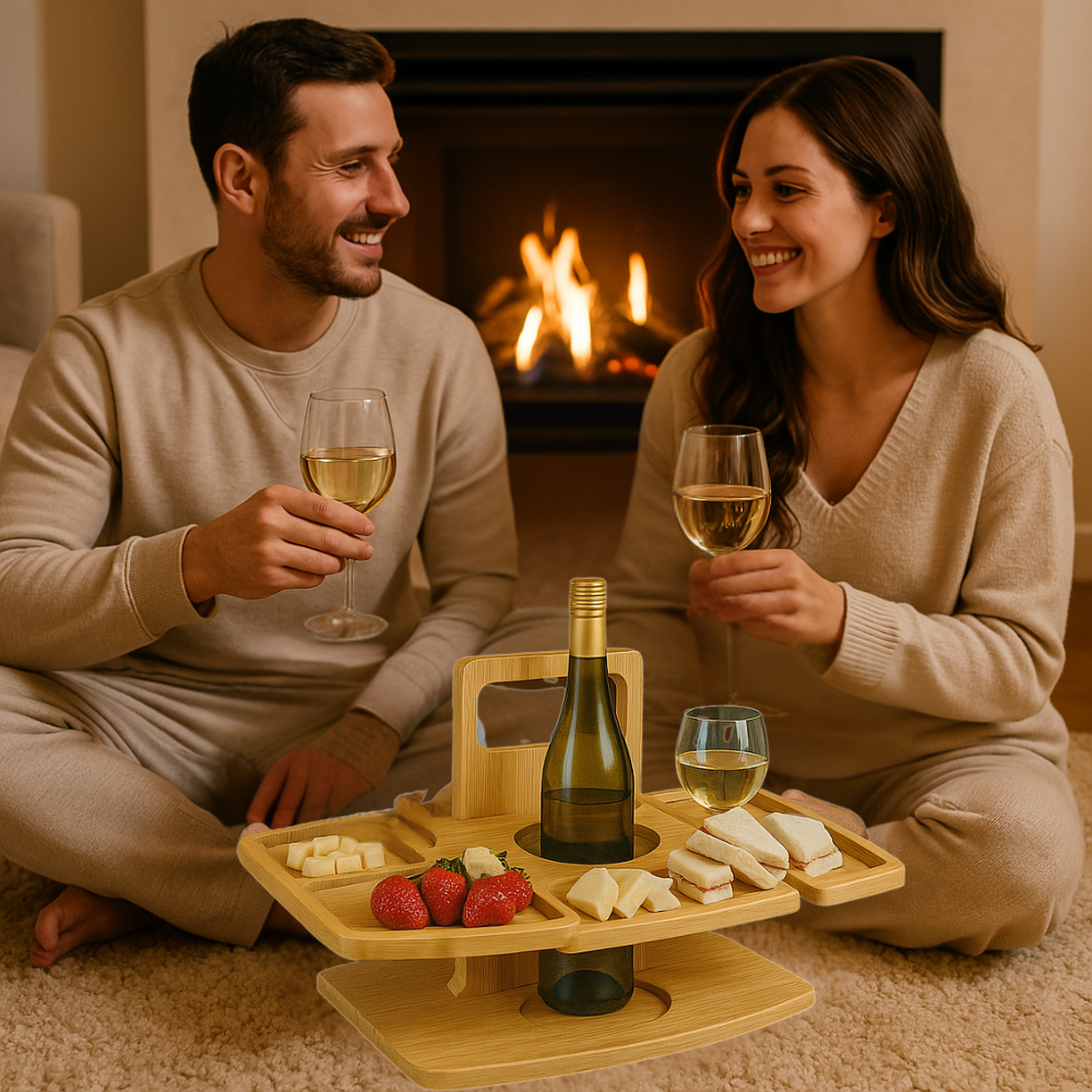 Bærbart trævinsbord til picnic, sammenklappeligt design med snackrum og glasholdere, træ af høj kvalitet