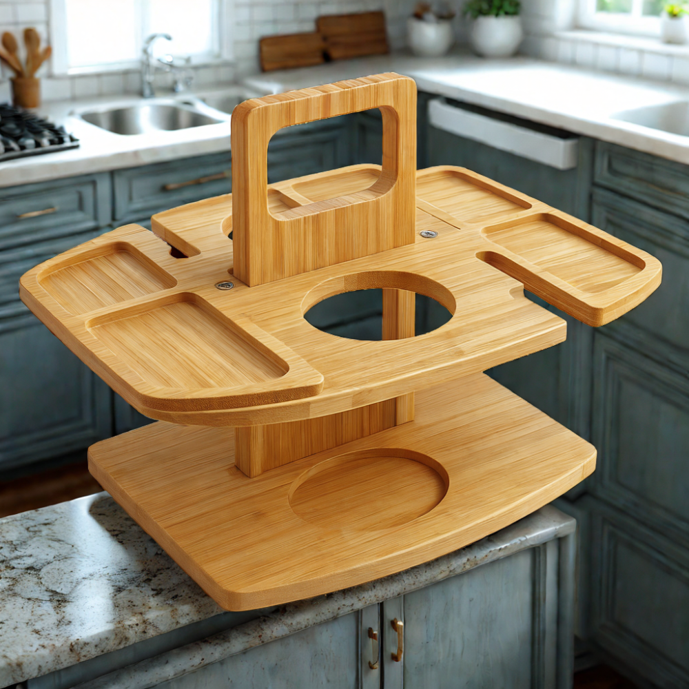 Bærbart trævinsbord til picnic, sammenklappeligt design med snackrum og glasholdere, træ af høj kvalitet