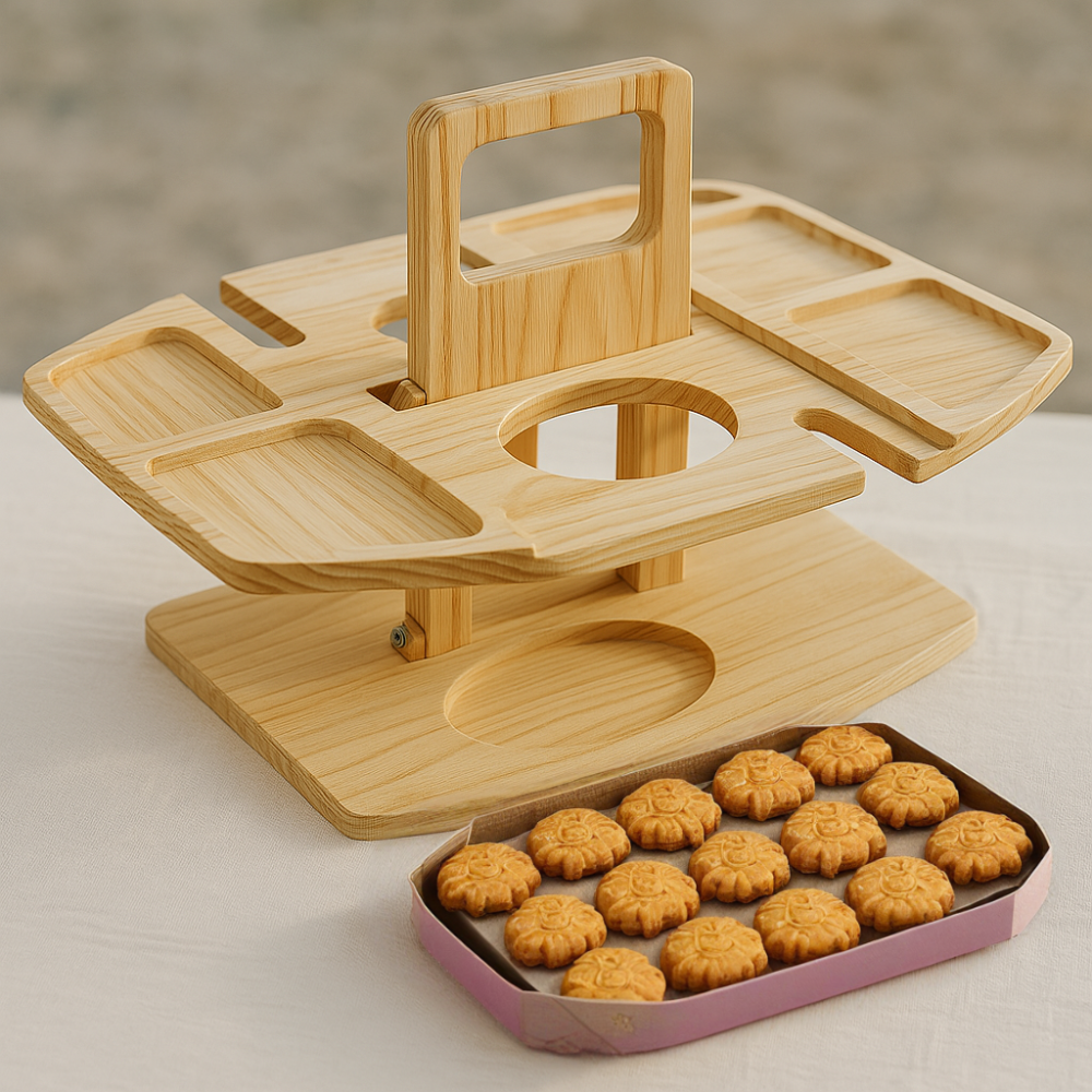 Bærbart trævinsbord til picnic, sammenklappeligt design med snackrum og glasholdere, træ af høj kvalitet