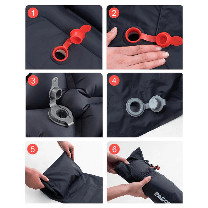 Ultralet kongeblåt liggeunderlag med integreret fodpumpe, vandafvisende, ideelt til udendørs eventyr, sideansigt.