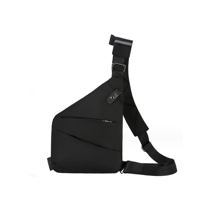 Forsiden af en tyverisikret skuldertaske i sort, med ergonomisk design, sikkerhedsrum og en holdbar nylon-polyesterblanding.