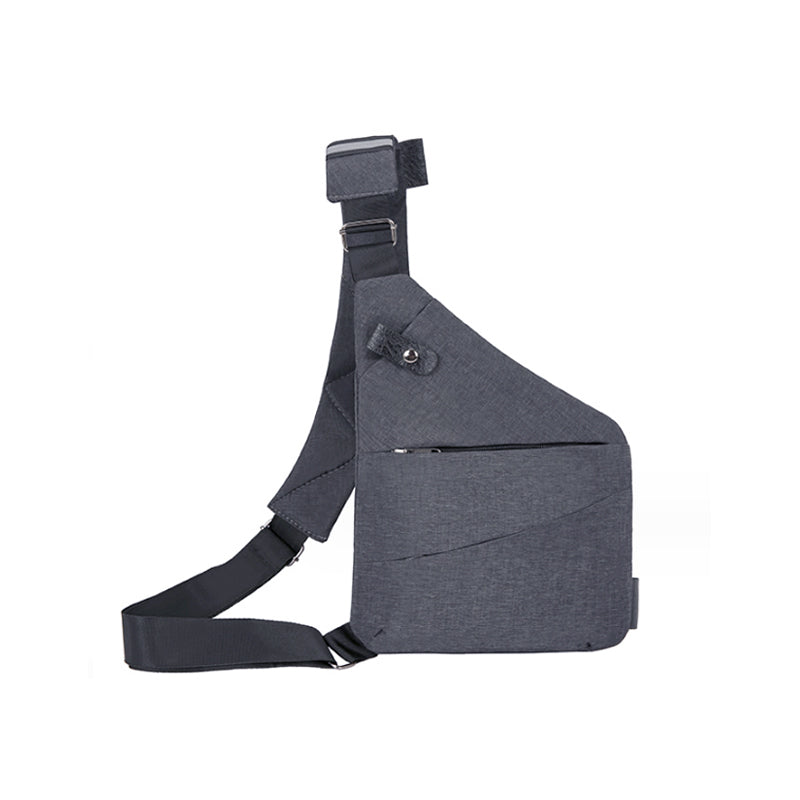 Forsiden af en tyverisikret skuldertaske i sort, med ergonomisk design, sikkerhedsrum og en holdbar nylon-polyesterblanding.