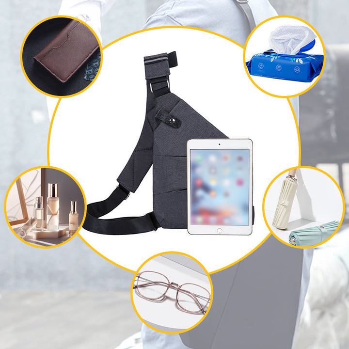 Forsiden af en tyverisikret skuldertaske i sort, med ergonomisk design, sikkerhedsrum og en holdbar nylon-polyesterblanding.