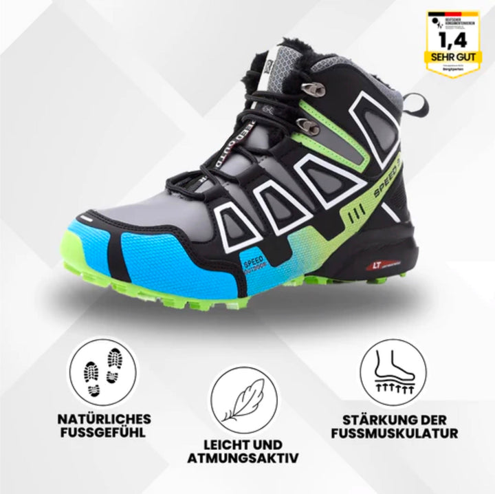 Topbillede af en sort-grøn trekking- og vandresko, der fremhæver det ergonomiske design