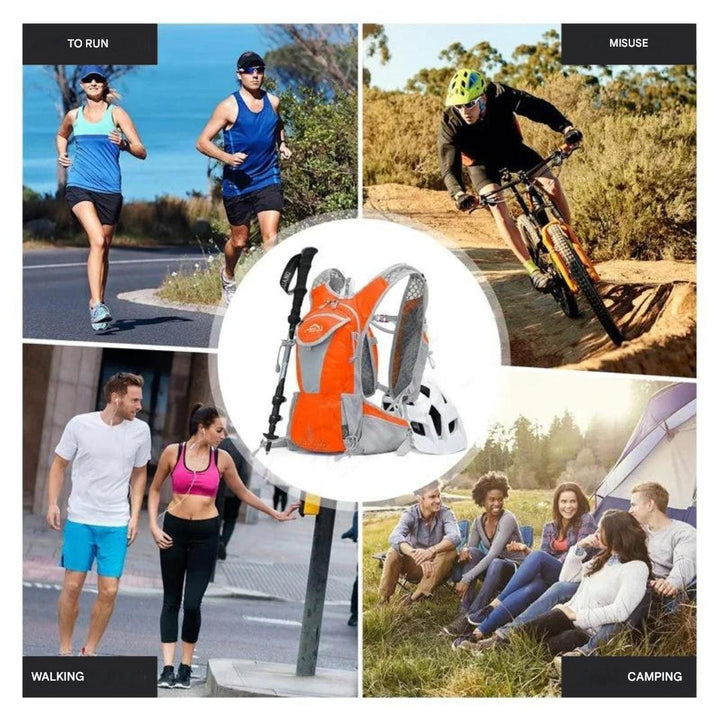 Vandtæt blå outdoor rygsæk med 2L vandblære, let og justerbar, ideel til eventyr og sport.