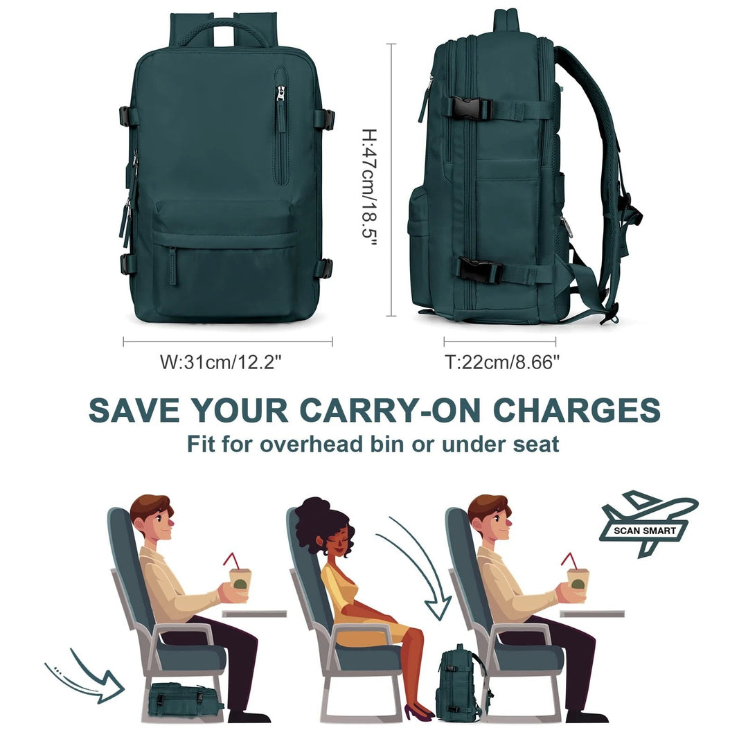 Vandtæt damerejserygsæk med USB-port, 35L volumen, i blå med polstrede stropper og sikkerhedsrum.