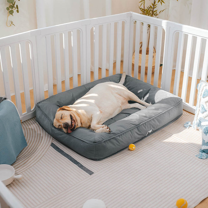 Vandtæt, ortopædisk hundeseng i stort design, gråt materiale, med hævet kant for behagelig hovedstøtte