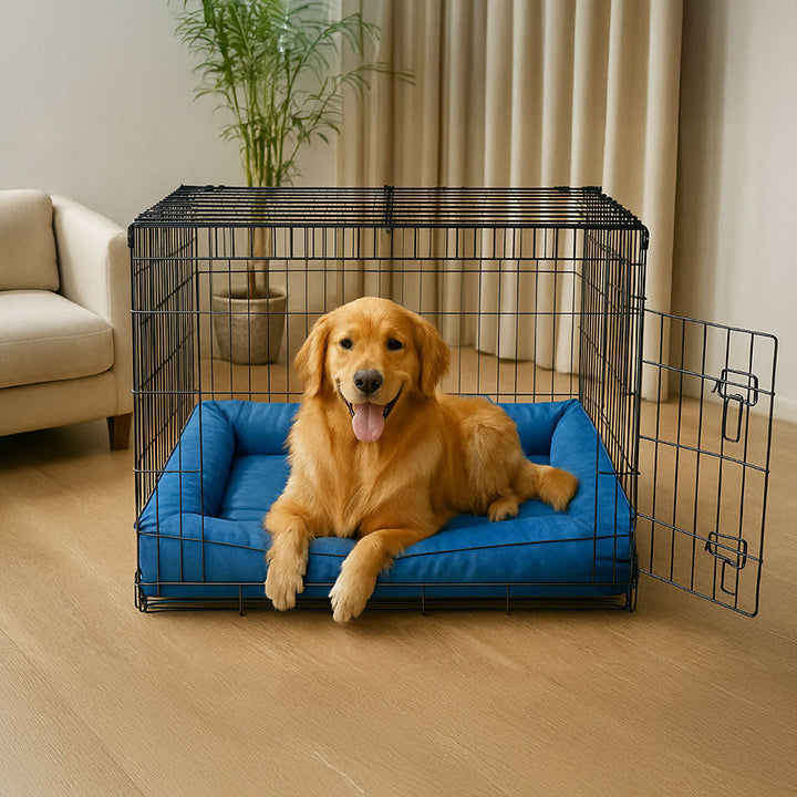 Vandtæt, ortopædisk hundeseng i stort design, gråt materiale, med hævet kant for behagelig hovedstøtte