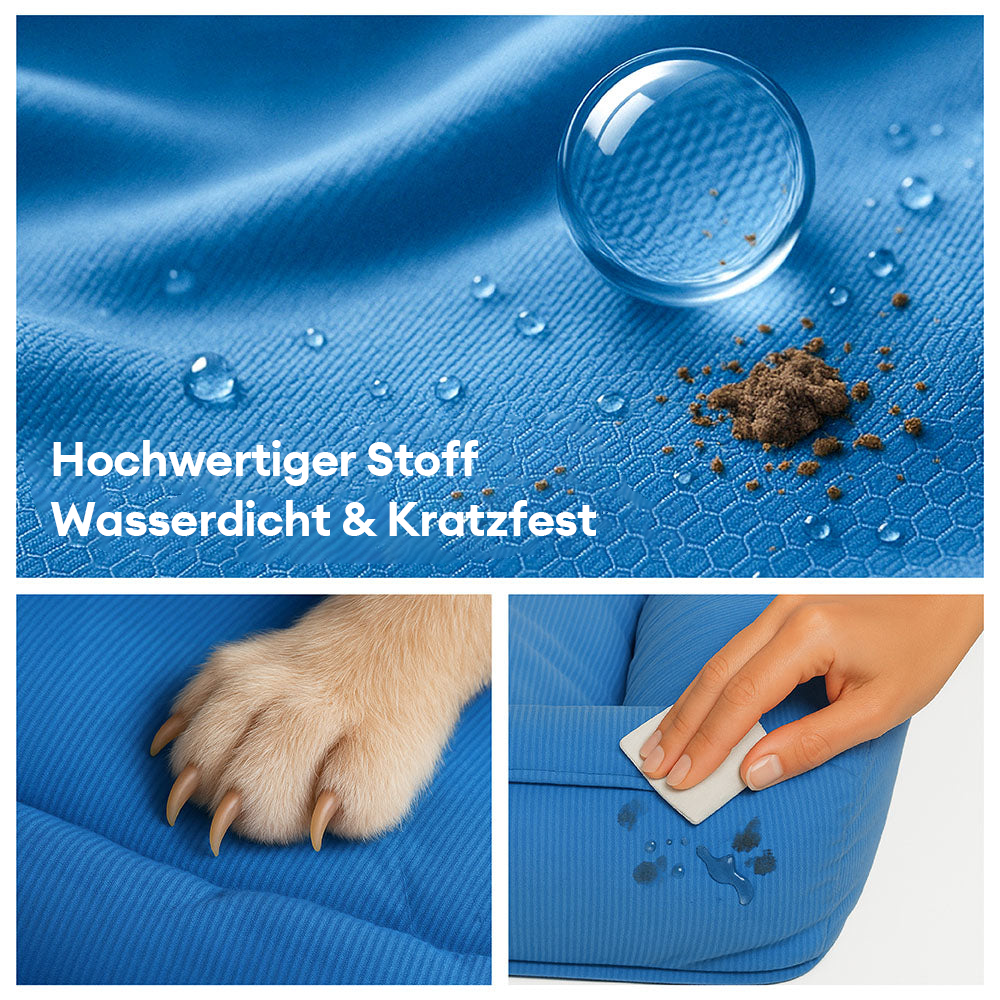 Wasserfestes Hundebett, orthopädisch, großes Modell, graues Material, mit erhöhter Kante für komfortable Kopfstütze