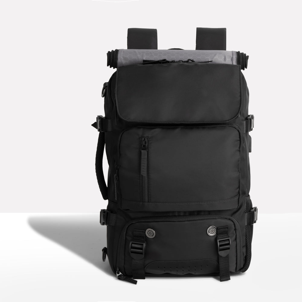 Vejrbestandig, transformerbar unisex rejse rygsæk med mange rum, vist i grå, forfra