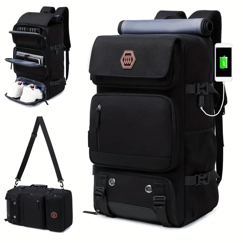 Vejrbestandig, transformerbar unisex rejse rygsæk med mange rum, vist i grå, forfra