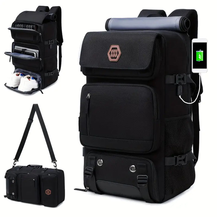 Vejrbestandig, transformerbar unisex rejse rygsæk med mange rum, vist i grå, forfra