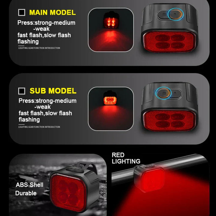 Genopladelige cykellygter: Kraftigt LED-forlys og rødt baglys med 8/12 tilstande, kompakt og vandtæt.